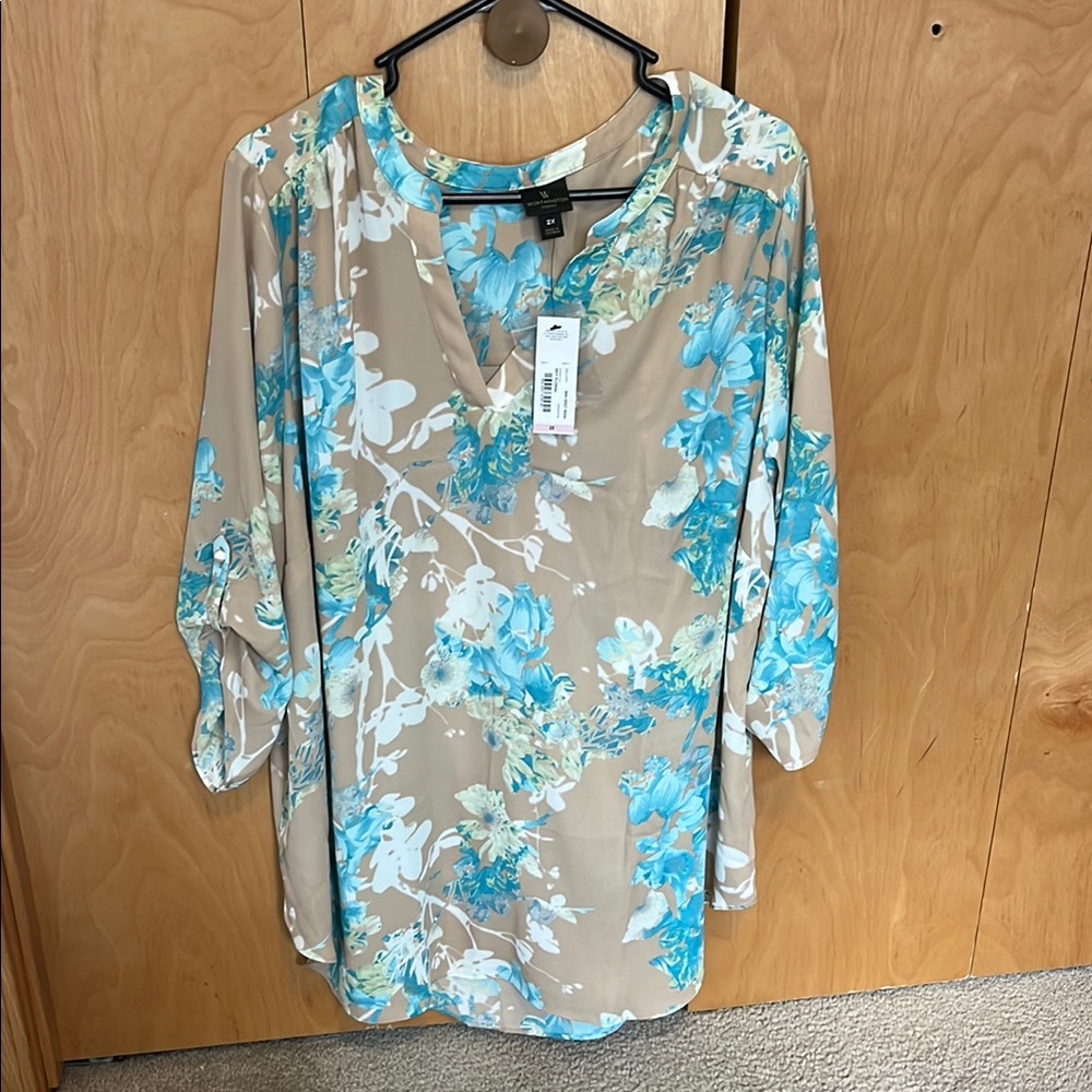Floral Blue and Tan Women's Top